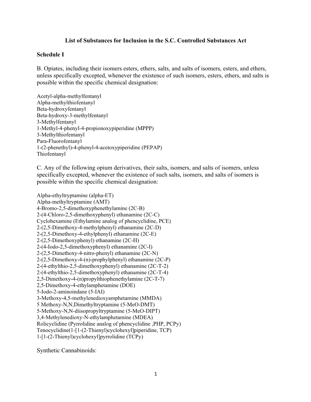 List of Substances for Inclusion in the S.C. Controlledsubstances