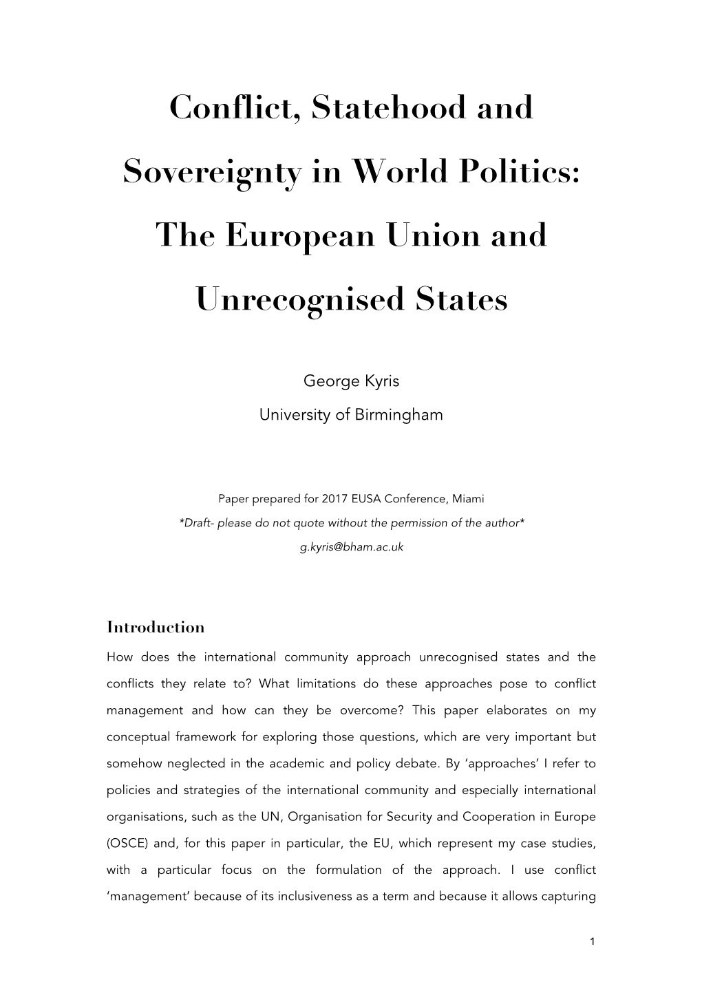 Conflict, Statehood and Sovereignty in World Politics: the European Union and Unrecognised States