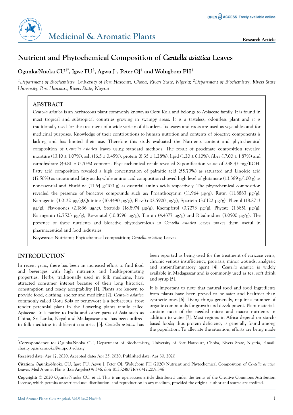 Nutrient and Phytochemical Composition of Centella Asiatica Leaves