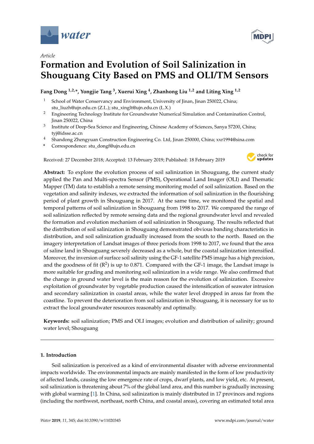 Formation and Evolution of Soil Salinization in Shouguang City Based on PMS and OLI/TM Sensors