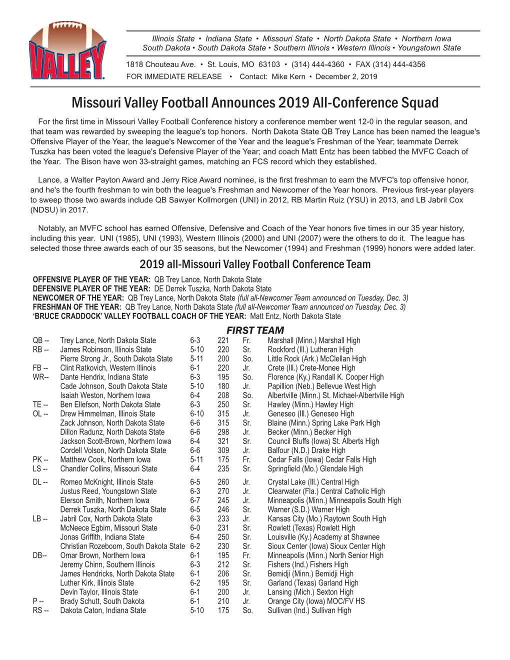 Missouri Valley Football Announces 2019 All-Conference Squad