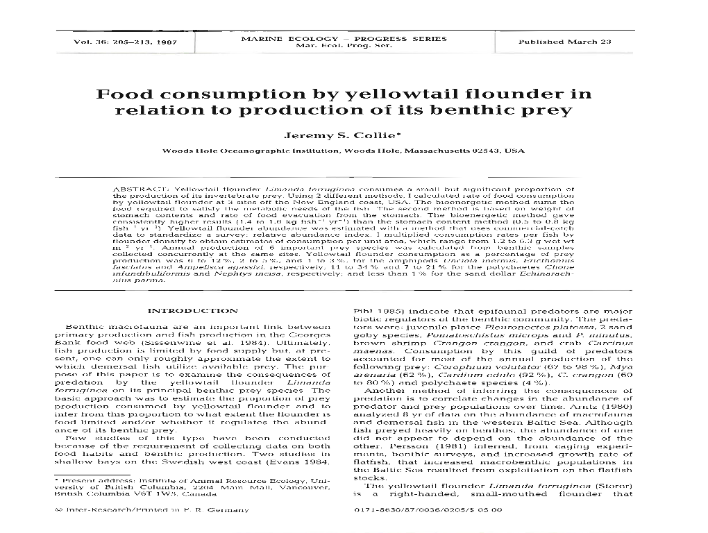 Food Consumption by Yellowtail Flounder in Relation to Production of Its Benthic Prey