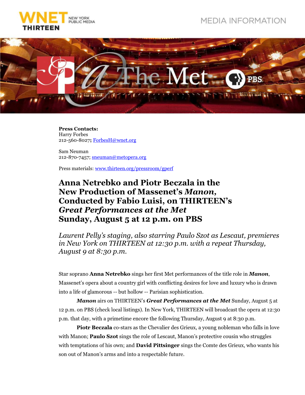 Manon, Conducted by Fabio Luisi, on THIRTEEN’S Great Performances at the Met Sunday, August 5 at 12 P.M