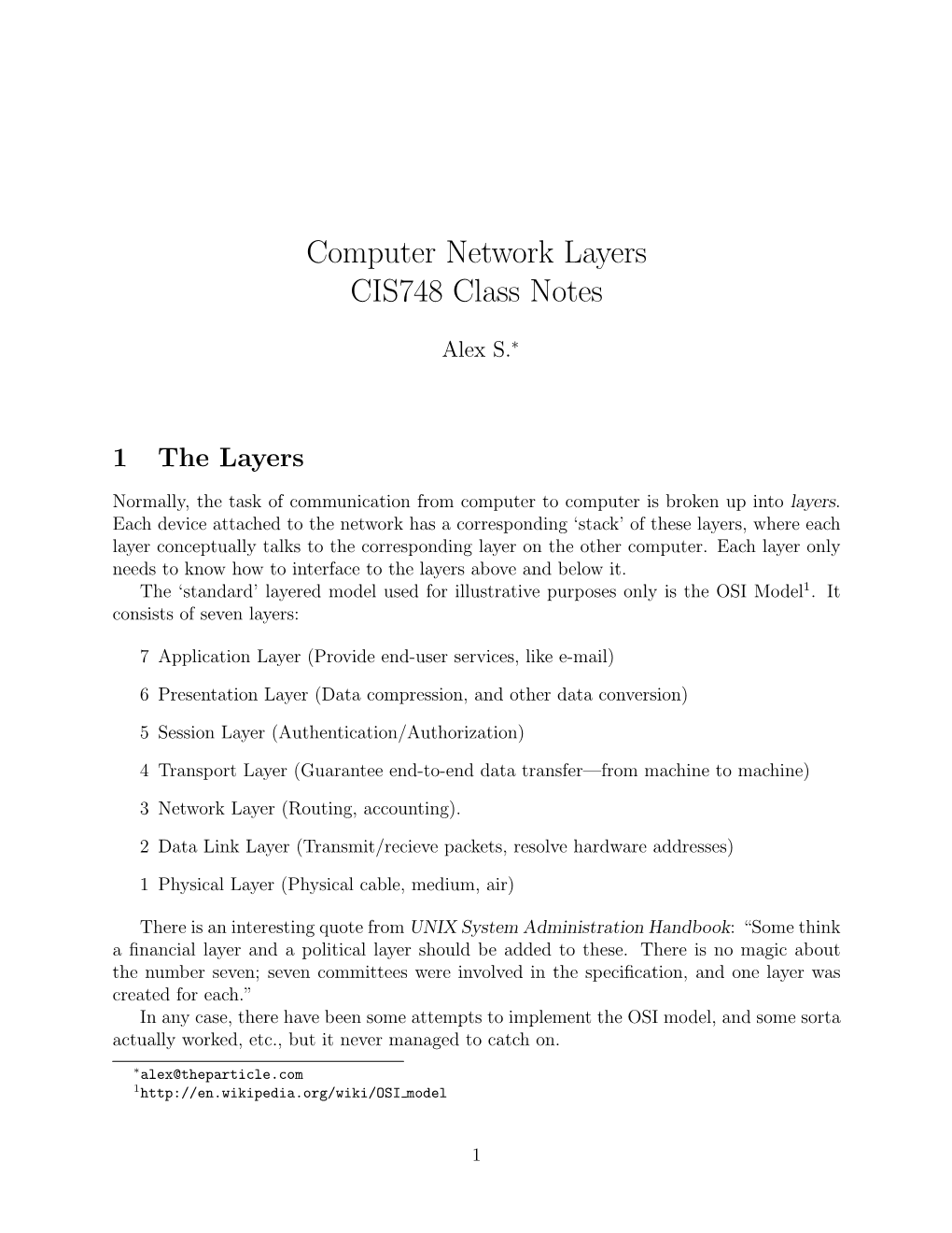 Computer Network Layers CIS748 Class Notes