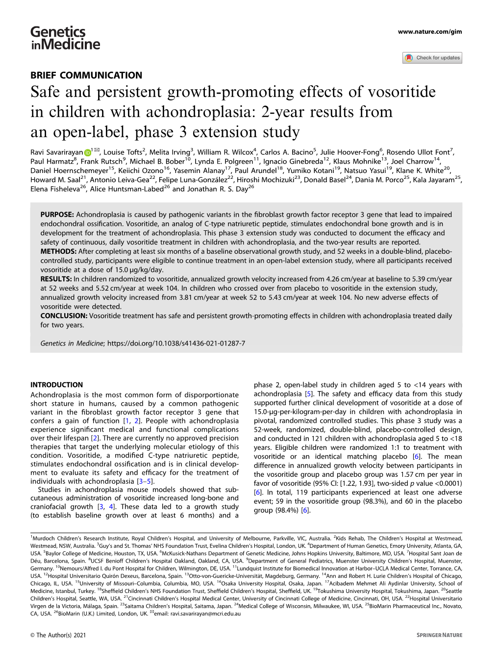 Safe and Persistent Growth-Promoting Effects of Vosoritide In
