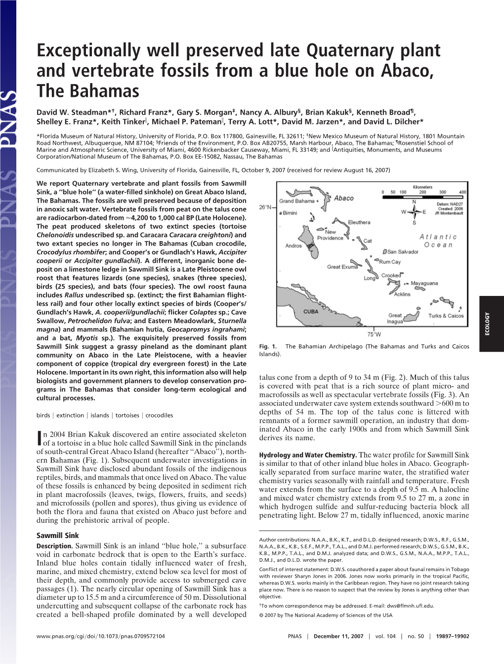 Exceptionally Well Preserved Late Quaternary Plant and Vertebrate Fossils from a Blue Hole on Abaco, the Bahamas