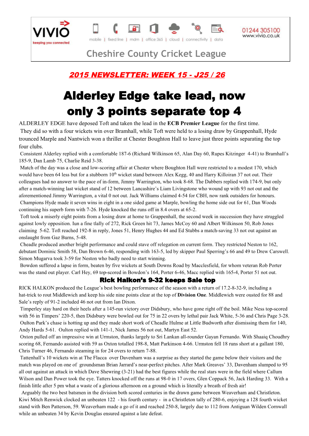 Alderley Edge Take Lead, Now Only 3 Points Separate Top 4 ALDERLEY EDGE Have Deposed Toft and Taken the Lead in the ECB Premier League for the First Time