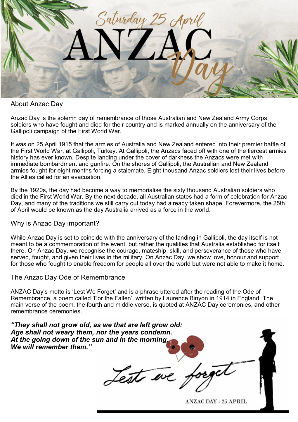 The Anzac Day Ode of Remembrance “They Shall Not Grow Old, As We That