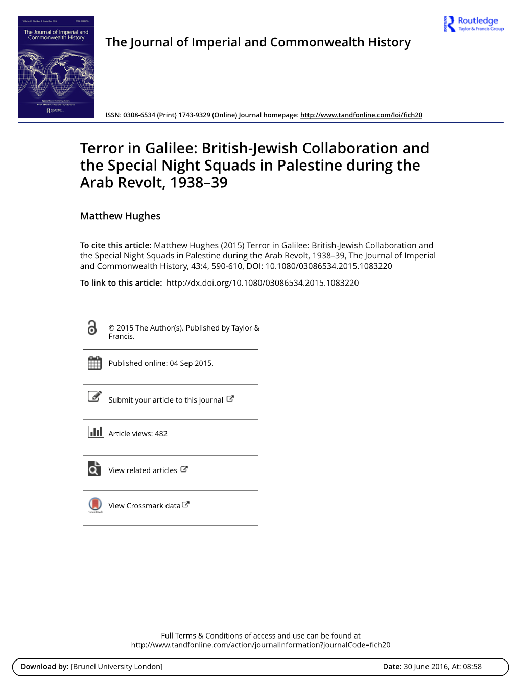 British-Jewish Collaboration and the Special Night Squads in Palestine During the Arab Revolt, 1938–39