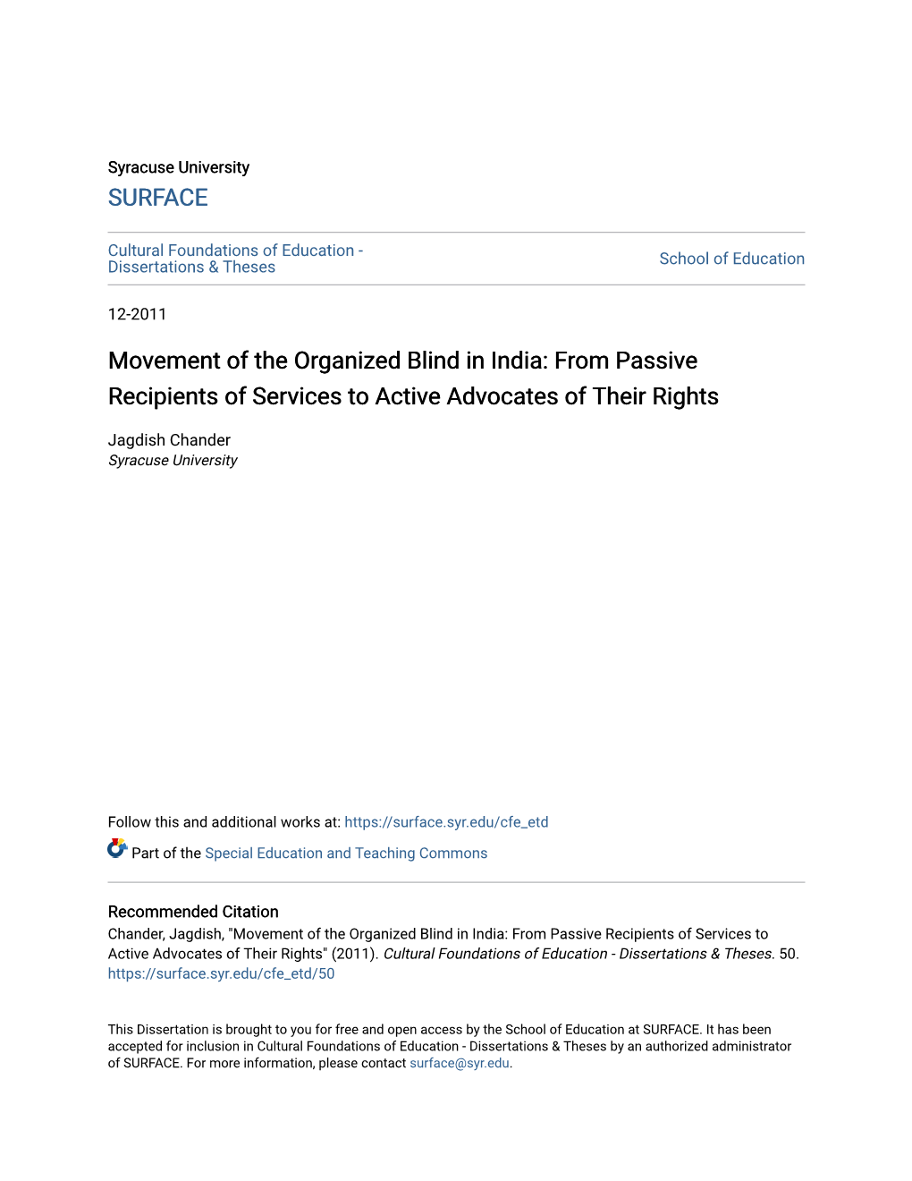 Movement of the Organized Blind in India: from Passive Recipients of Services to Active Advocates of Their Rights