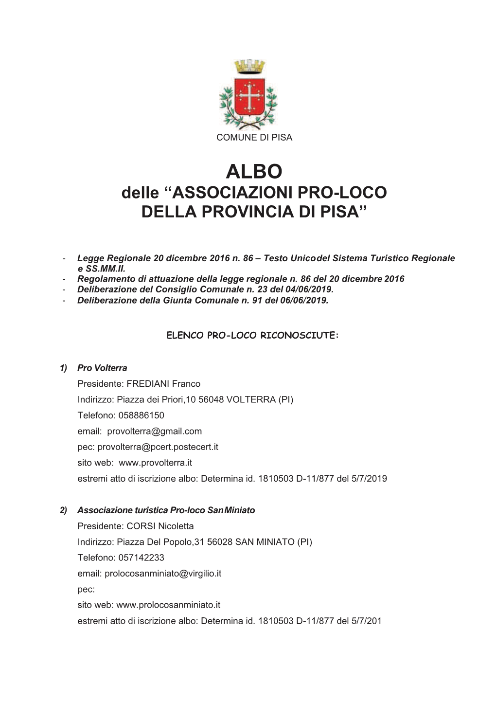 Associazioni Pro-Loco Della Provincia Di Pisa