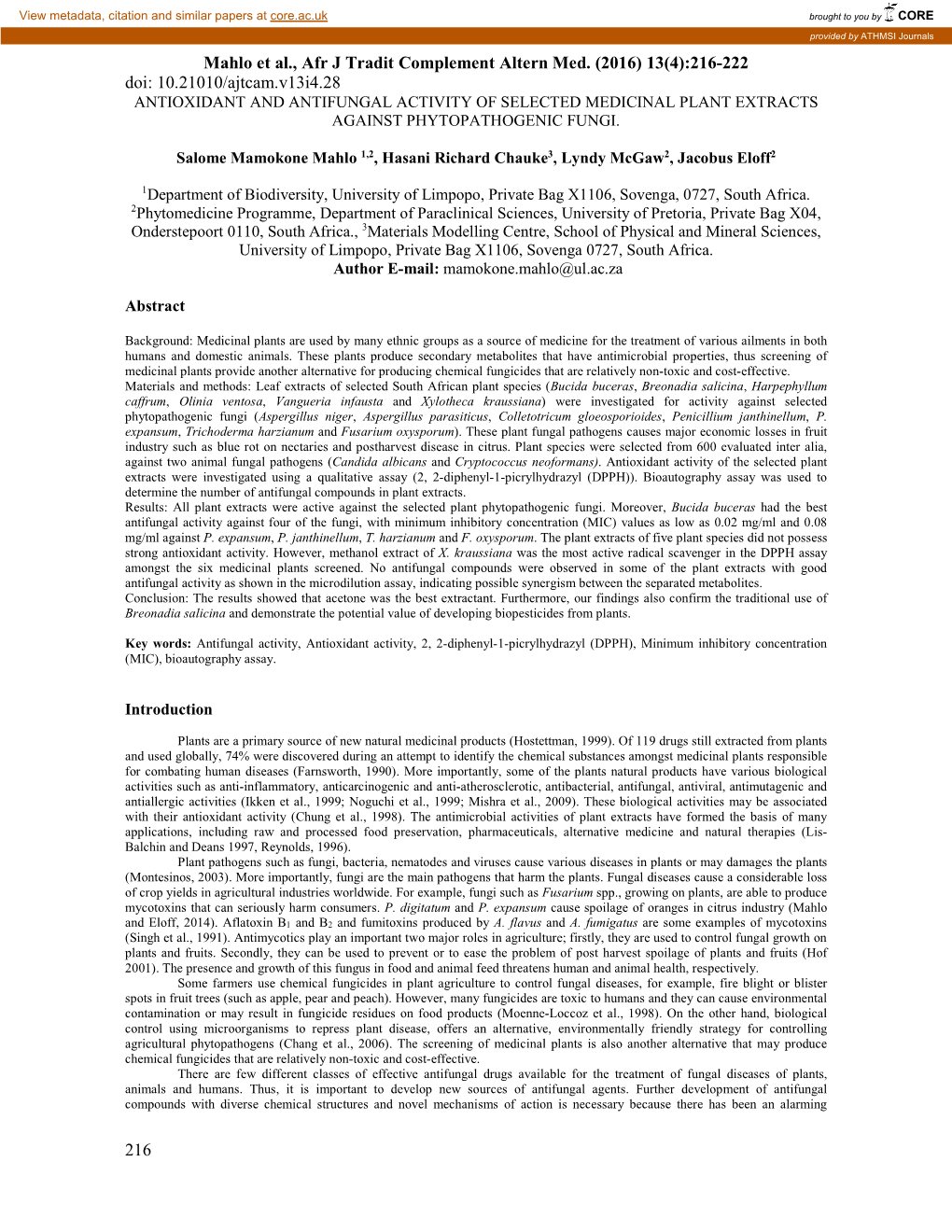 Mahlo Et Al., Afr J Tradit Complement Altern Med. (2016) 13(4):216-222