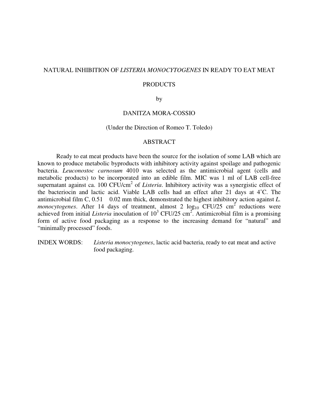 Natural Inhibition of Listeria Monocytogenes in Ready to Eat Meat