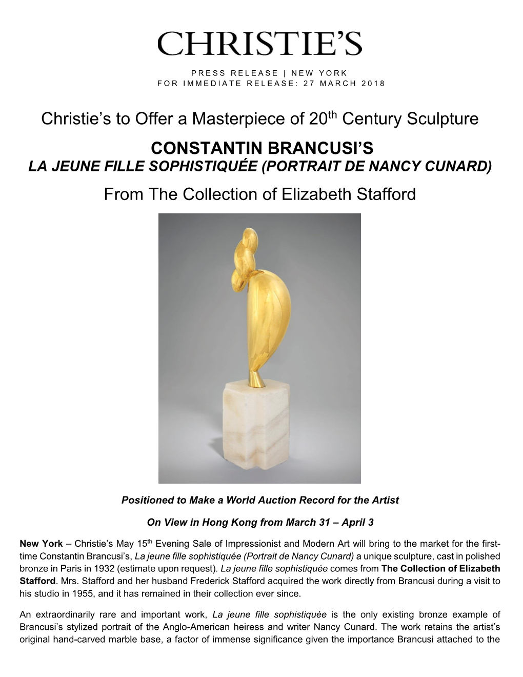 Christie's to Offer a Masterpiece of 20Th Century Sculpture
