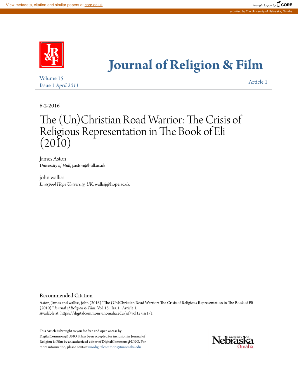 The (Un)Christian Road Warrior: the Crisis of Religious Representation