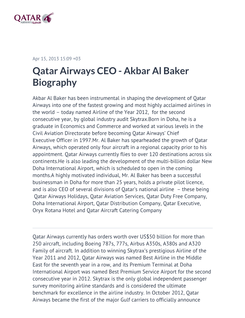 Qatar Airways CEO - Akbar Al Baker Biography