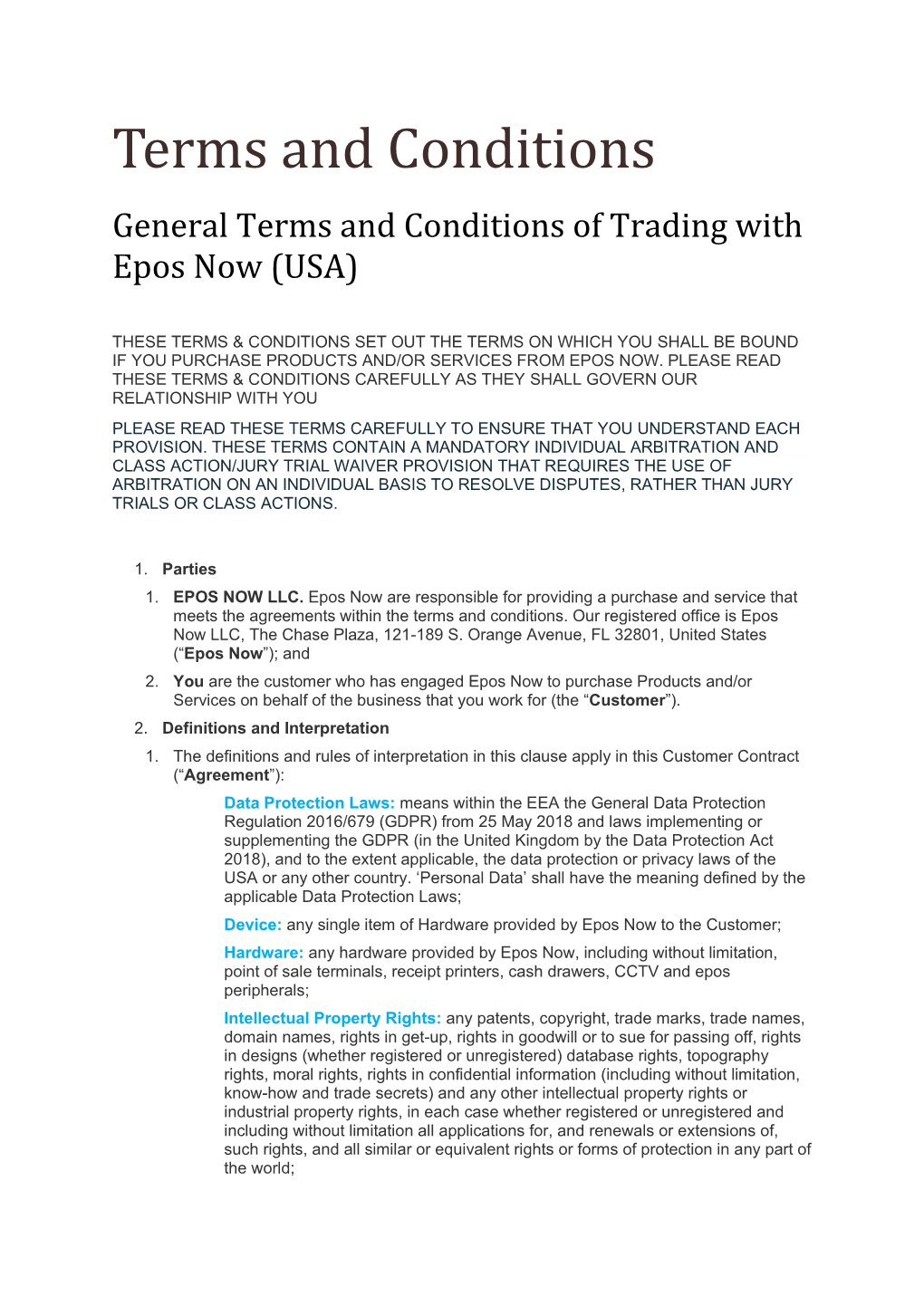 Terms and Conditions General Terms and Conditions of Trading with Epos Now (USA)