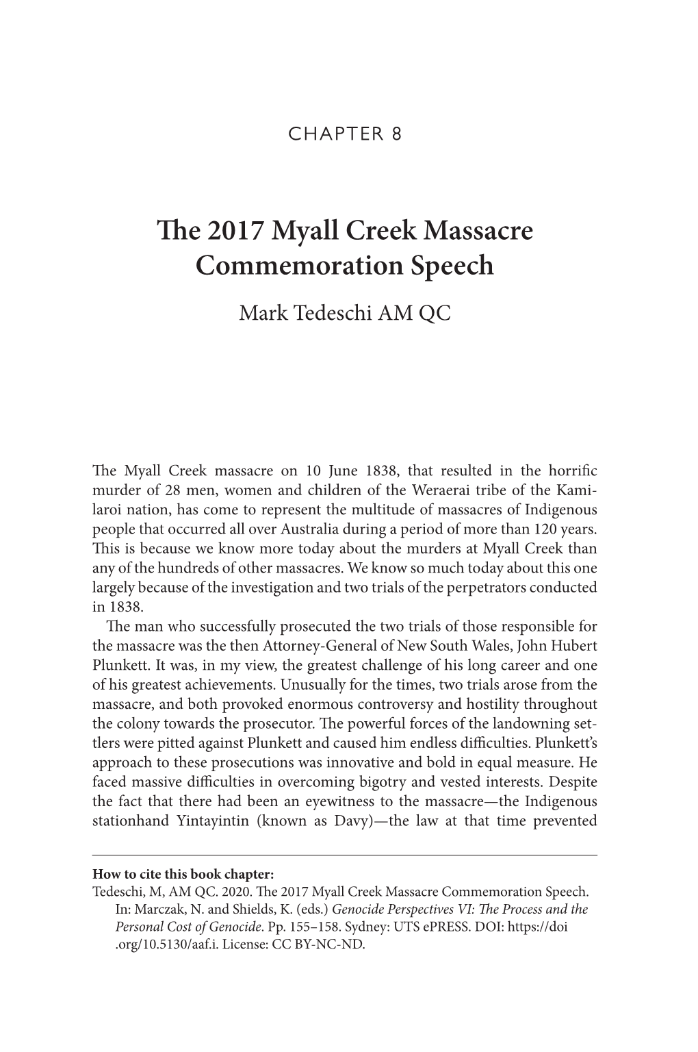 The 2017 Myall Creek Massacre Commemoration Speech Mark Tedeschi AM QC