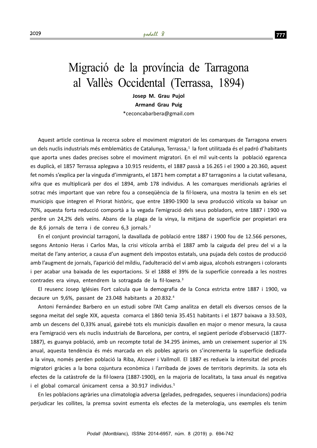 Migració De La Província De Tarragona Al Vallès Occidental (Terrassa, 1894) Josep M