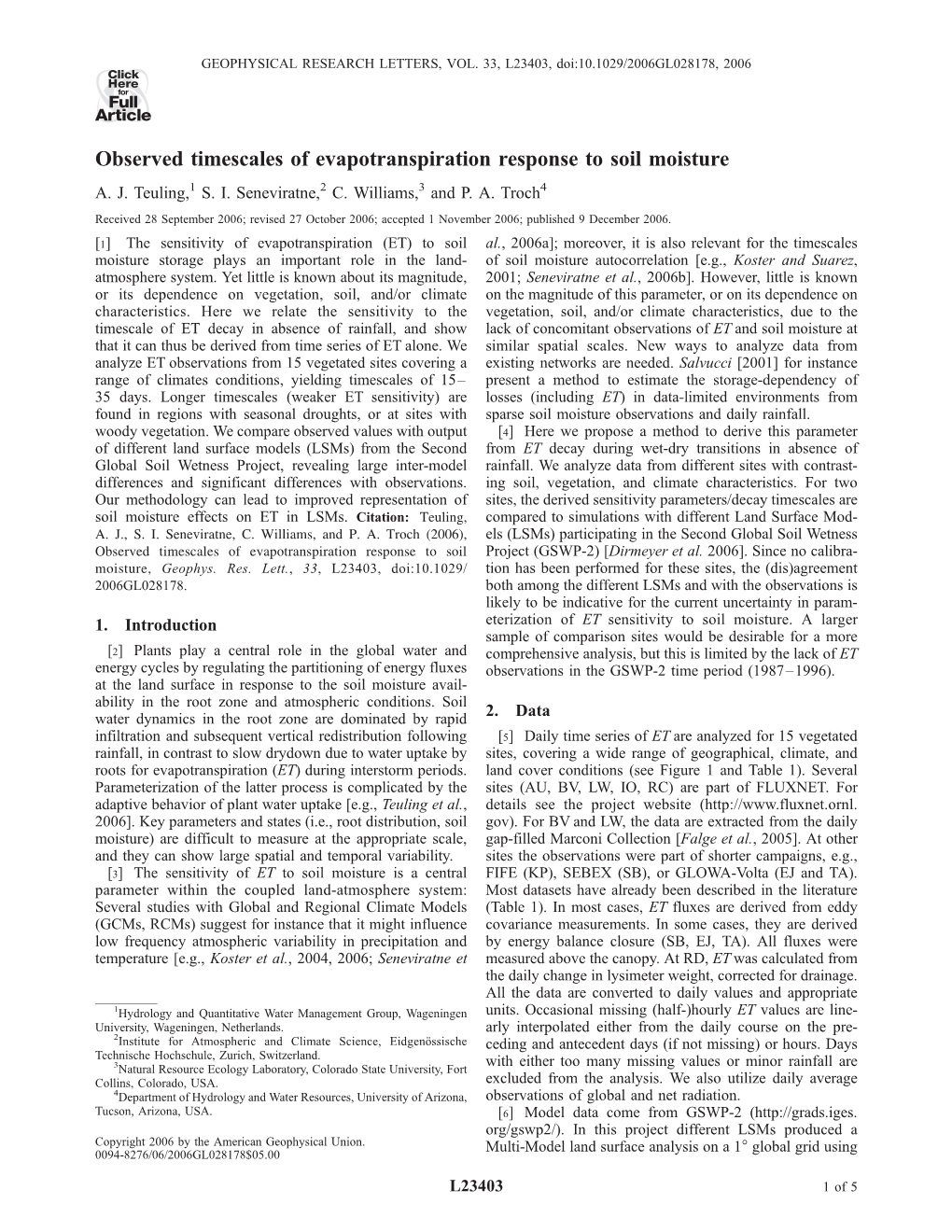 Observed Timescales of Evapotranspiration Response to Soil Moisture A