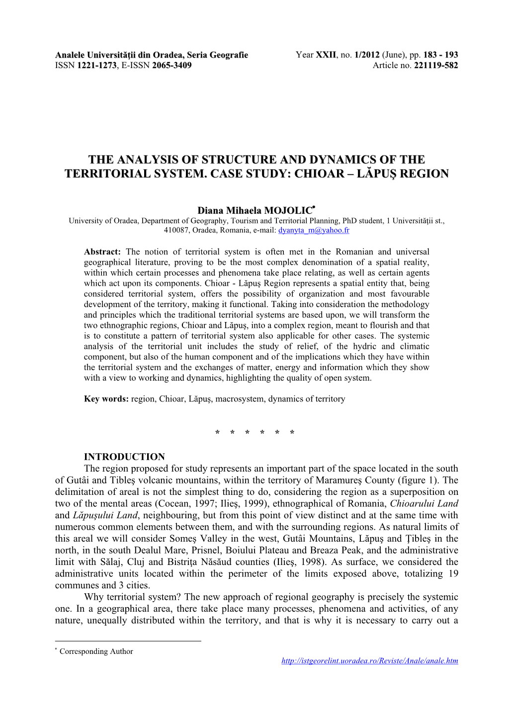 The Analysis of Structure and Dynamics of the Territorial System. Case Study: Chioar – Lăpuş Region