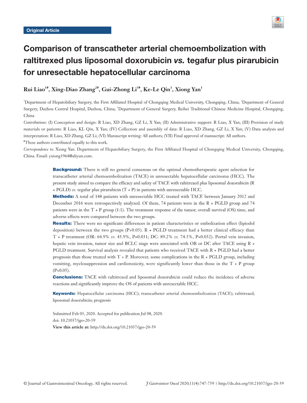 Comparison of Transcatheter Arterial Chemoembolization with Raltitrexed Plus Liposomal Doxorubicin Vs