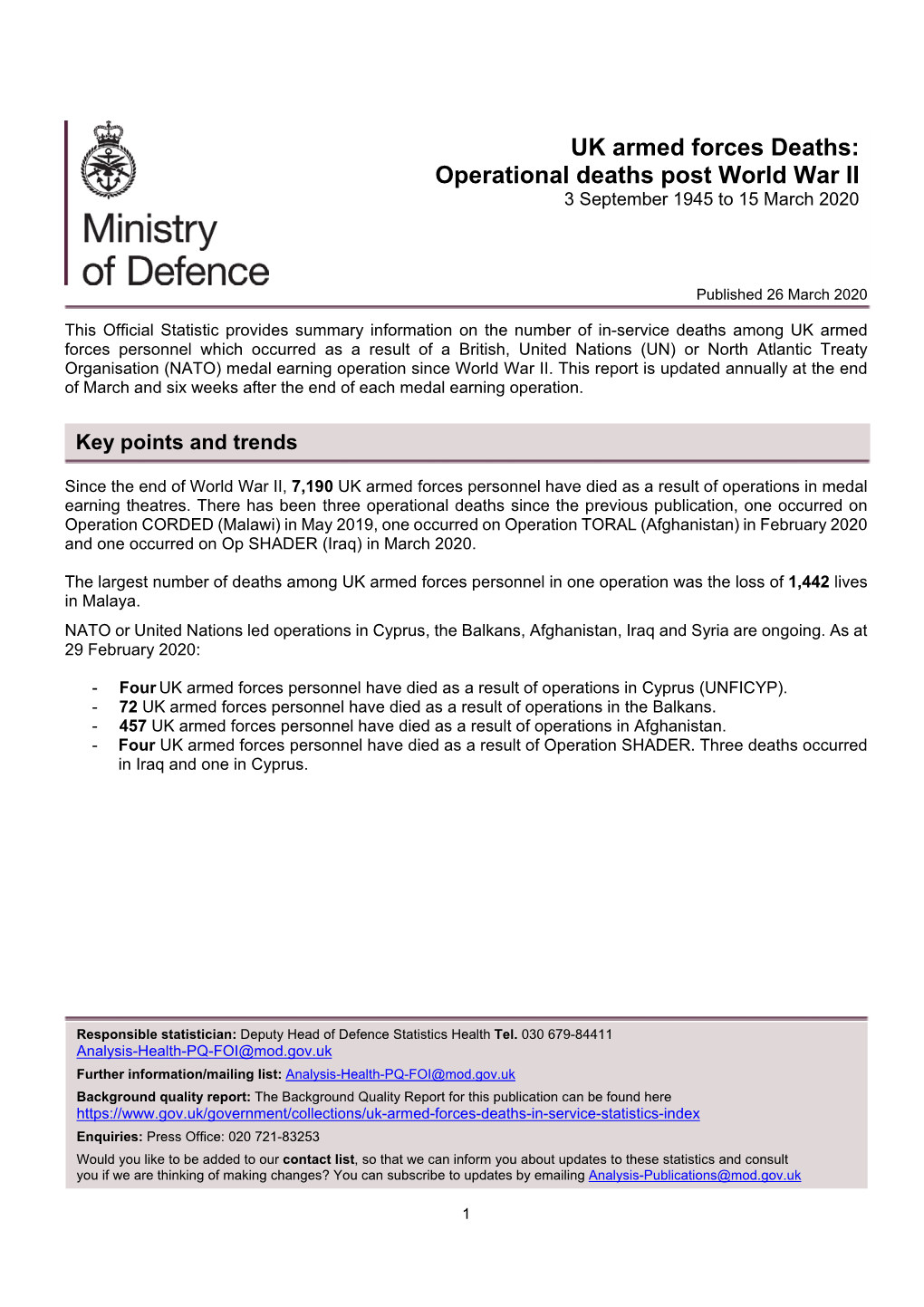 UK Armed Forces Deaths: Operational Deaths Post World War II 3 September 1945 to 15 March 2020