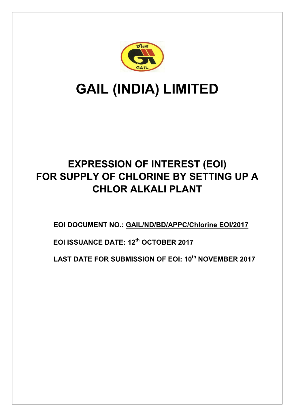 (Eoi) for Supply of Chlorine by Setting up a Chlor Alkali Plant