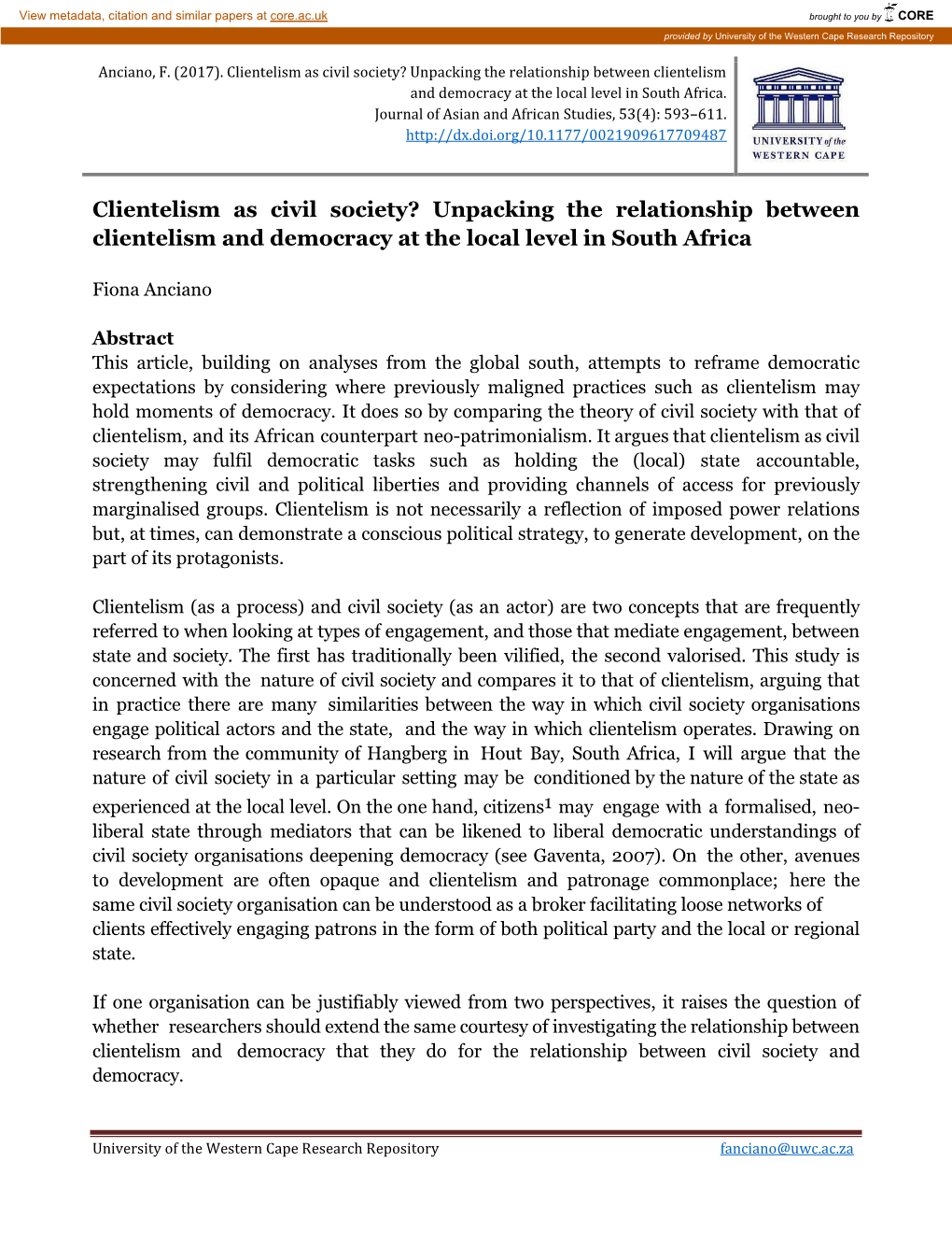 Clientelism As Civil Society? Unpacking the Relationship Between Clientelism and Democracy at the Local Level in South Africa