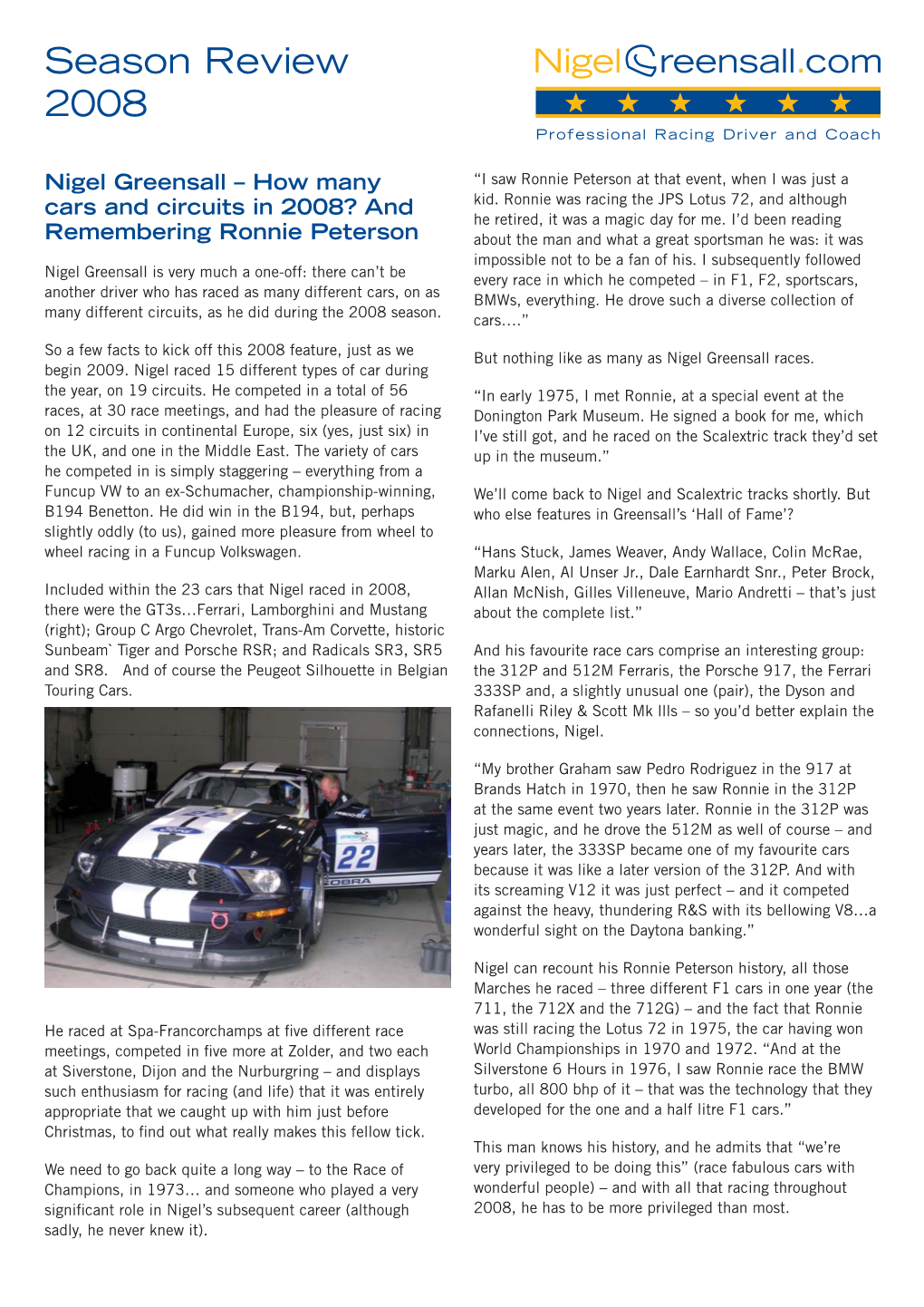 Season Review 2008 Professional Racing Driver and Coach