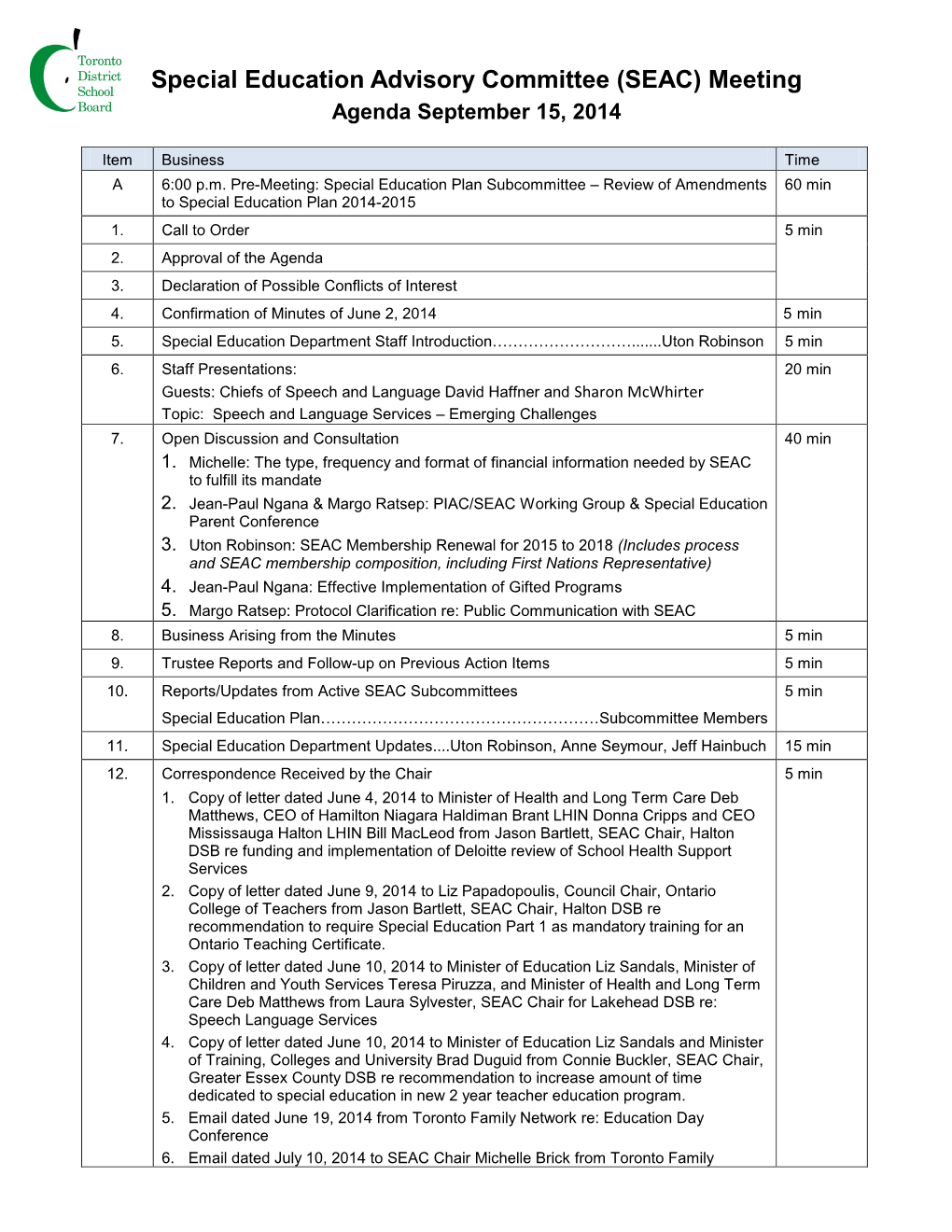 Special Education Advisory Committee (SEAC) Meeting Agenda September 15, 2014