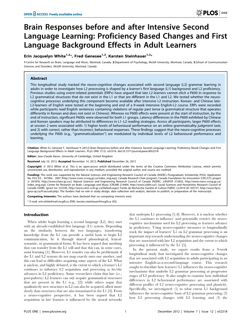 Brain Responses Before and After Intensive Second Language Learning: Proficiency Based Changes and First Language Background Effects in Adult Learners