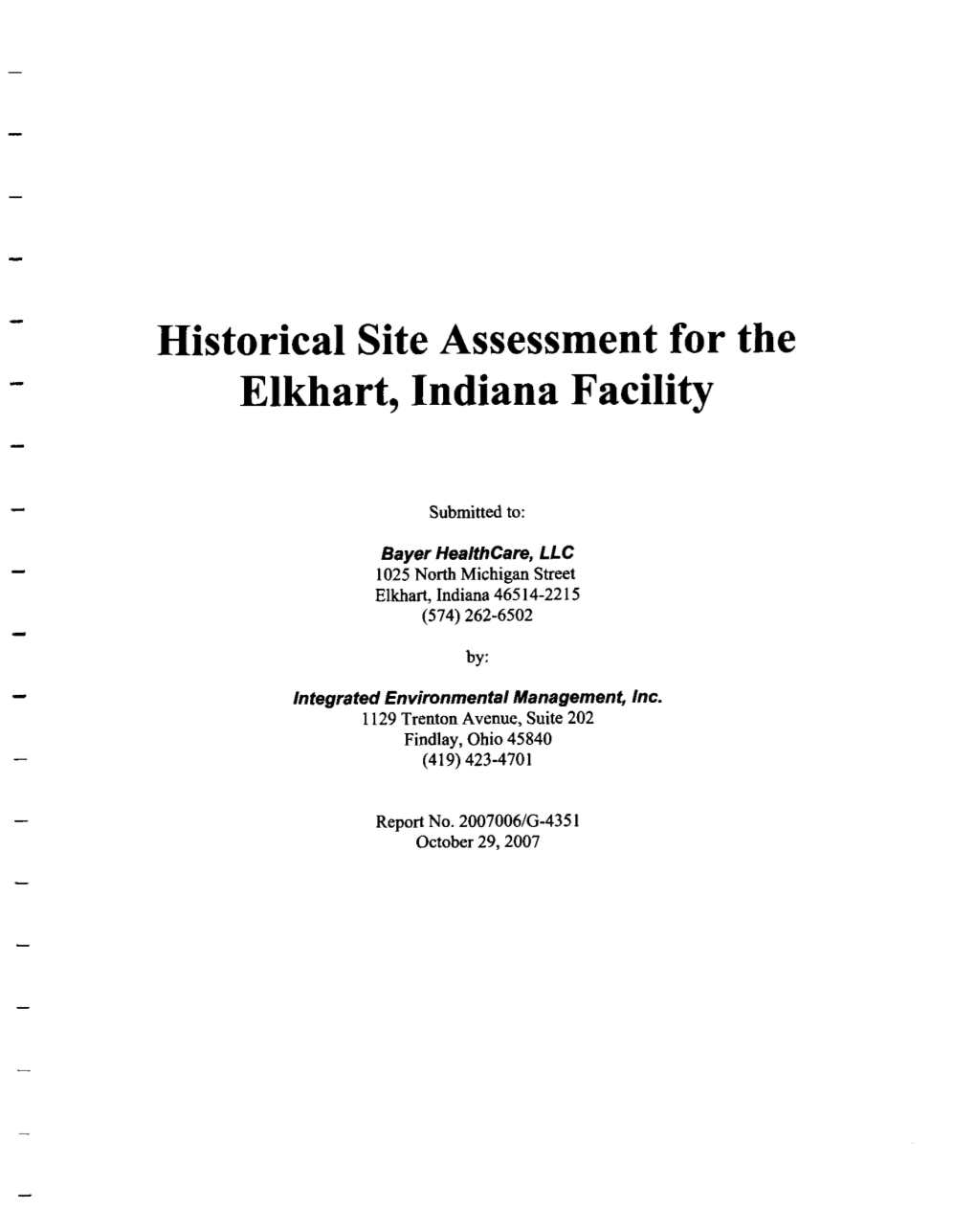 Historical Site Assessment for the Elkhart, Indiana Facility