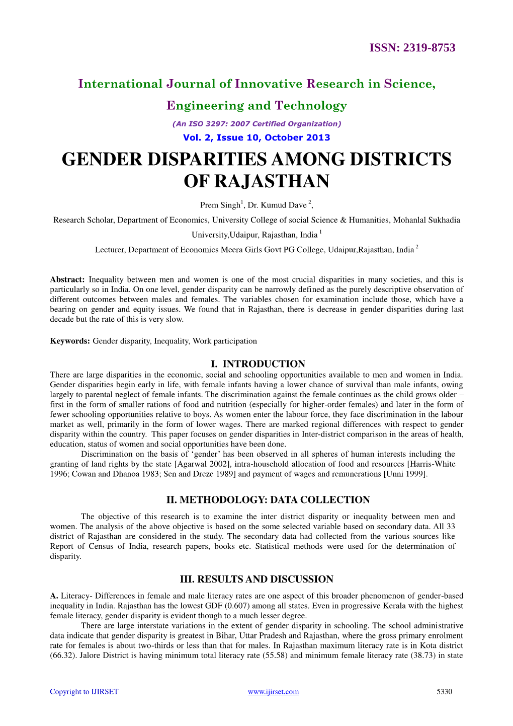 Gender Disparities Among Districts of Rajasthan