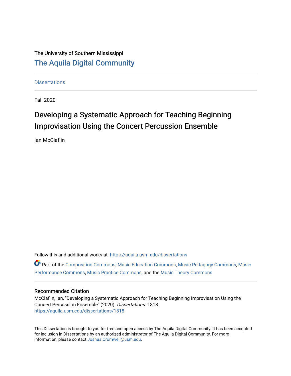 Developing a Systematic Approach for Teaching Beginning Improvisation Using the Concert Percussion Ensemble