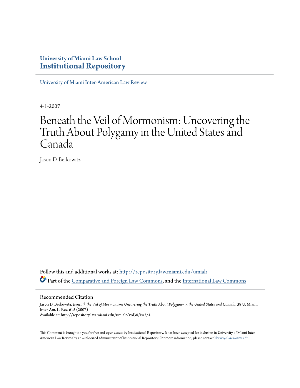 Beneath the Veil of Mormonism: Uncovering the Truth About Polygamy in the United States and Canada Jason D