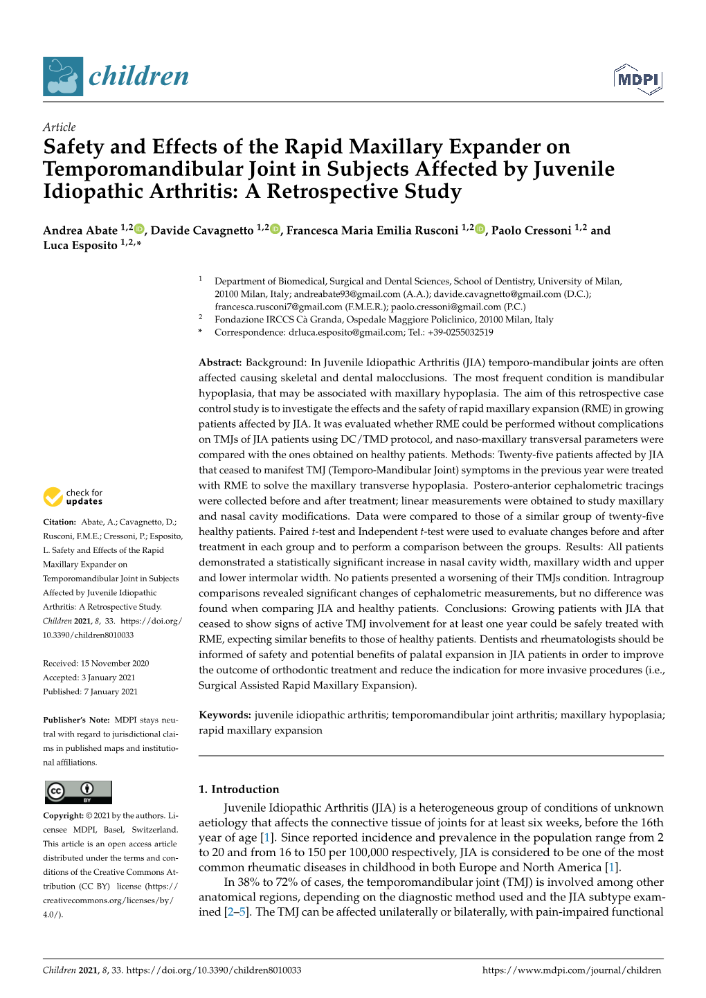 Safety and Effects of the Rapid Maxillary Expander on Temporomandibular Joint in Subjects Affected by Juvenile Idiopathic Arthritis: a Retrospective Study