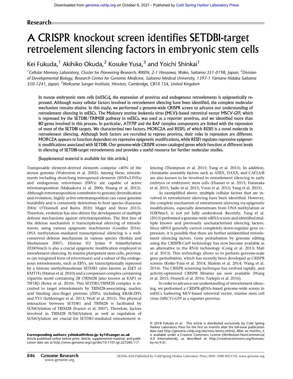 A CRISPR Knockout Screen Identifies SETDB1-Target Retroelement Silencing Factors in Embryonic Stem Cells