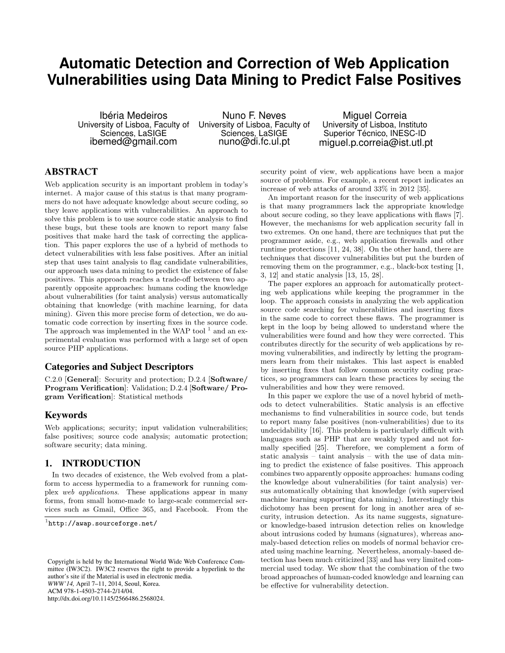 Automatic Detection and Correction of Web Application Vulnerabilities Using Data Mining to Predict False Positives