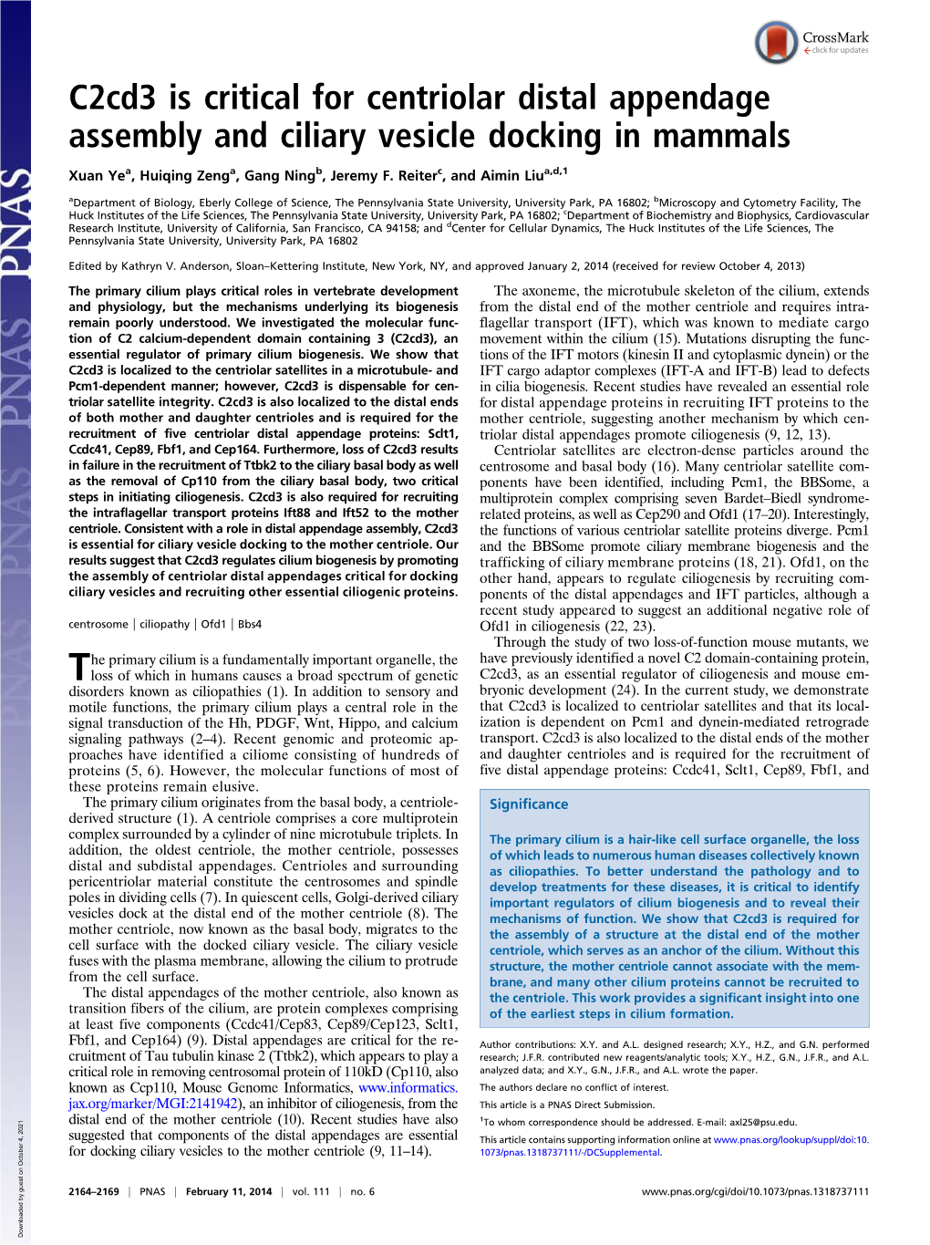 C2cd3 Is Critical for Centriolar Distal Appendage Assembly and Ciliary Vesicle Docking in Mammals