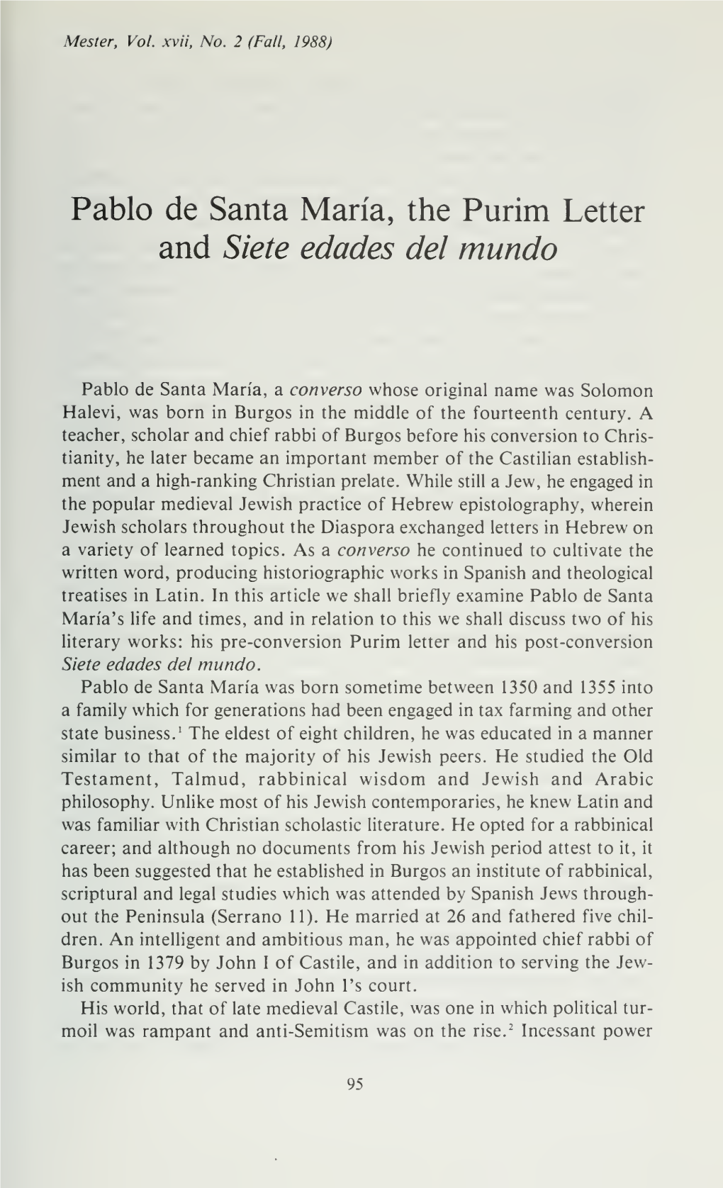 Pablo De Santa Maria, the Purim Letter and Siete Edades Del Mundo