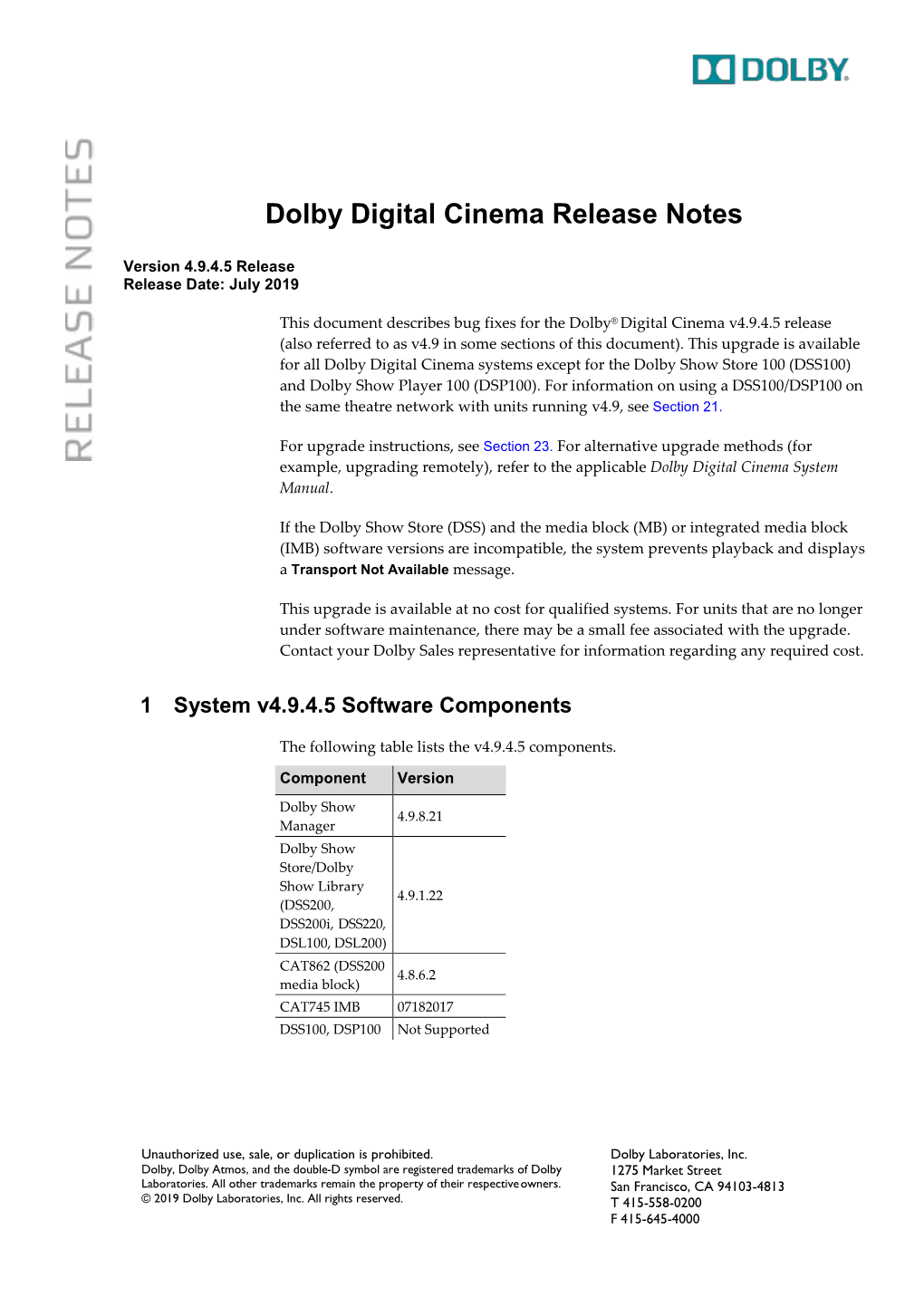 Dolby Cinema Release Notes V4.9.4.5