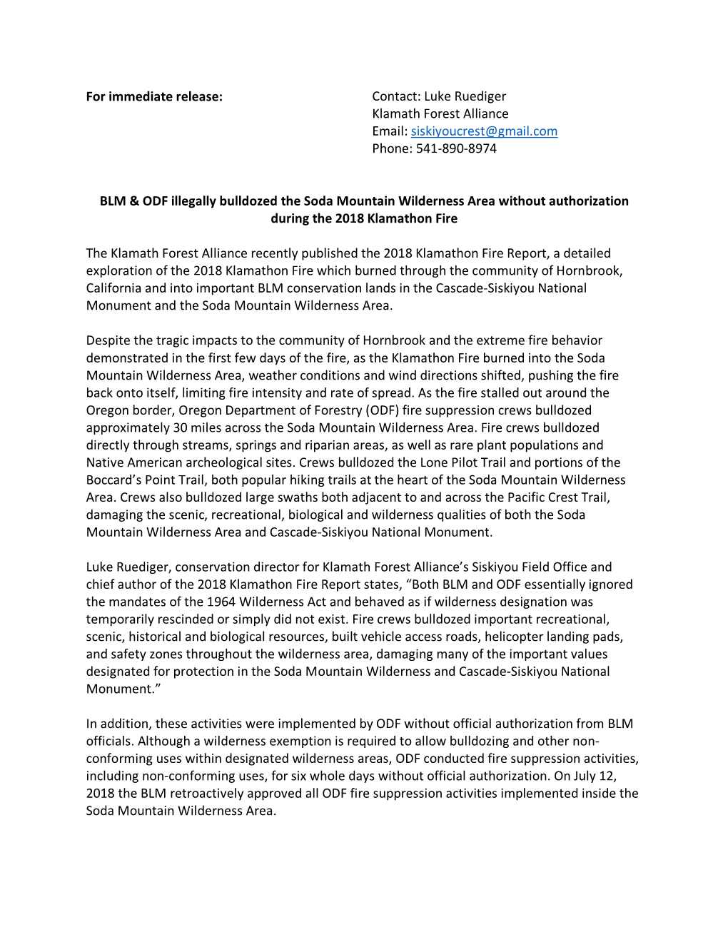 For Immediate Release: BLM & ODF Illegally Bulldozed the Soda