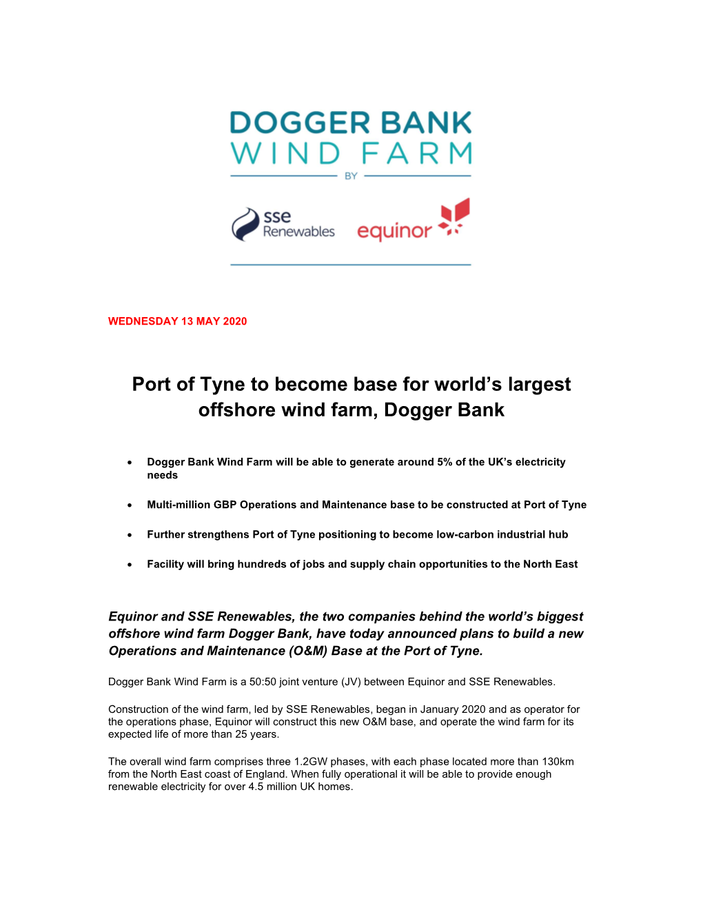 Port of Tyne to Become Base for World's Largest Offshore Wind Farm, Dogger Bank