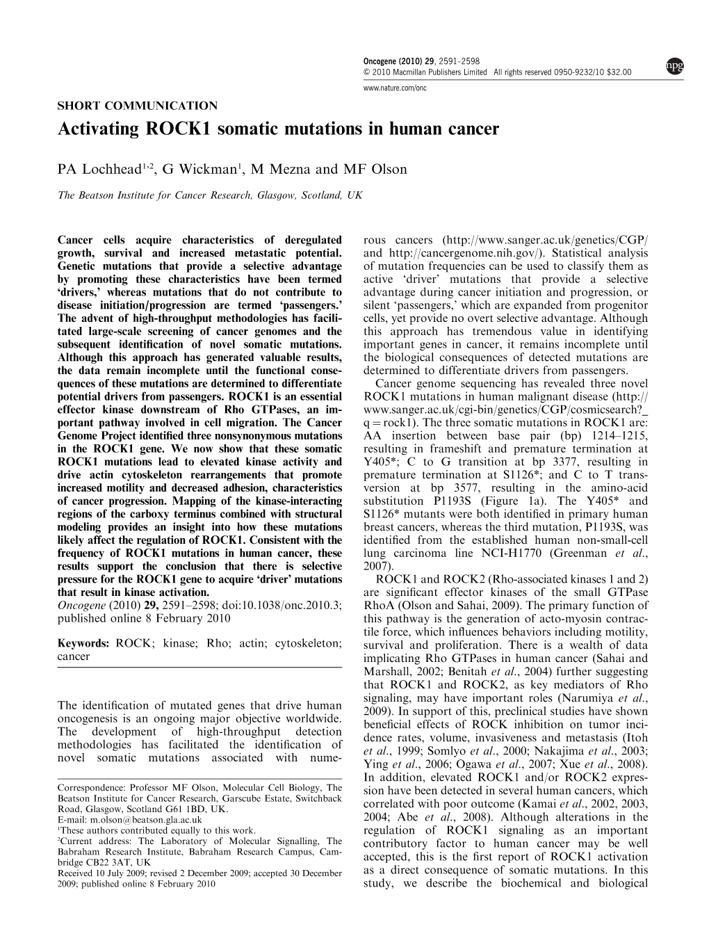 Activating ROCK1 Somatic Mutations in Human Cancer