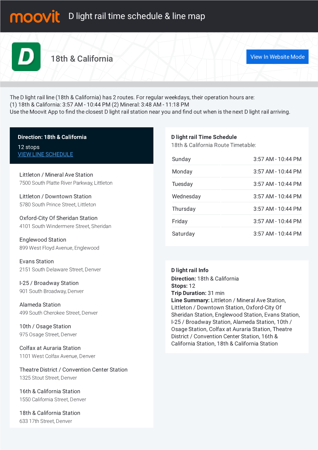 D Light Rail Time Schedule & Line Route