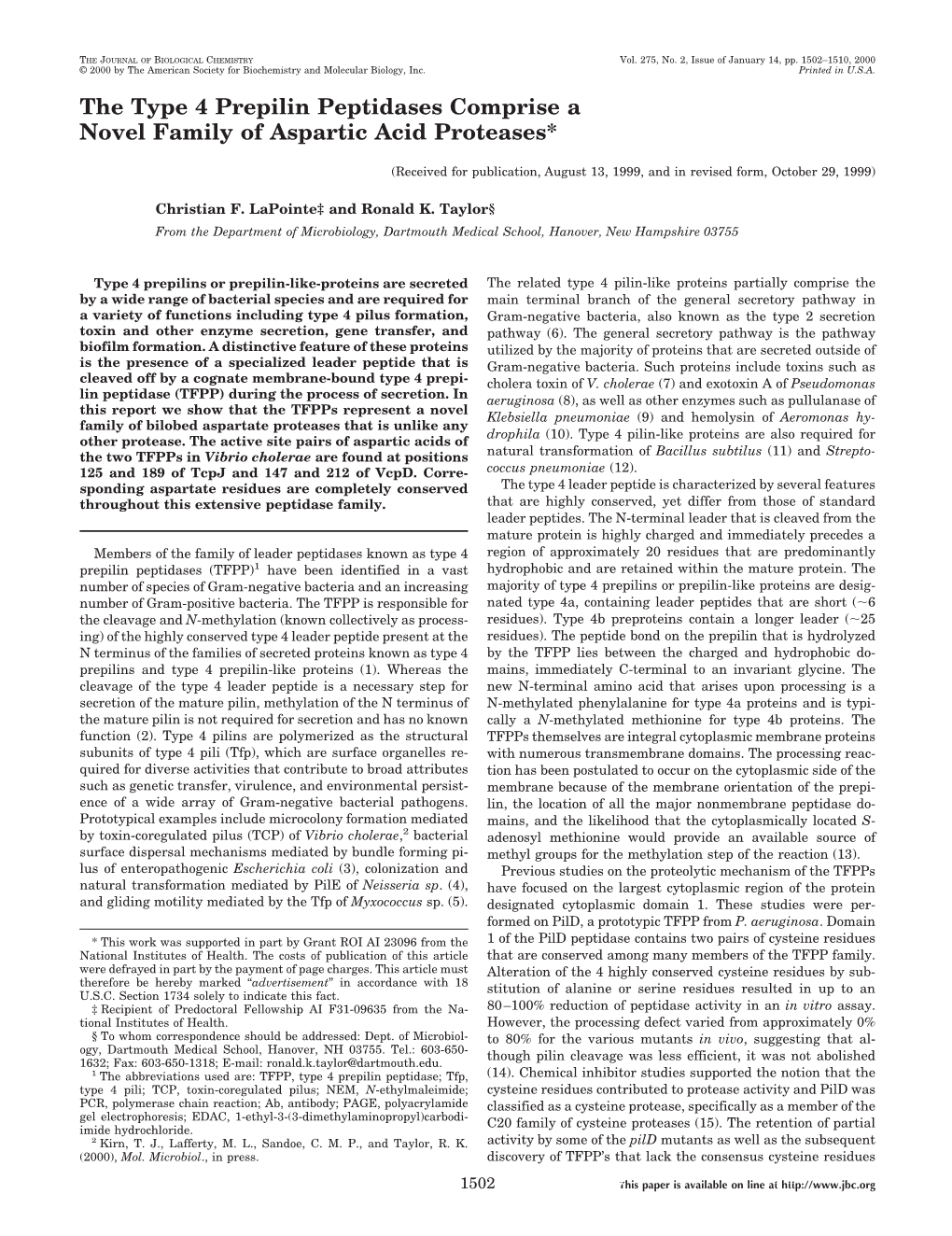 The Type 4 Prepilin Peptidases Comprise a Novel Family of Aspartic Acid Proteases*