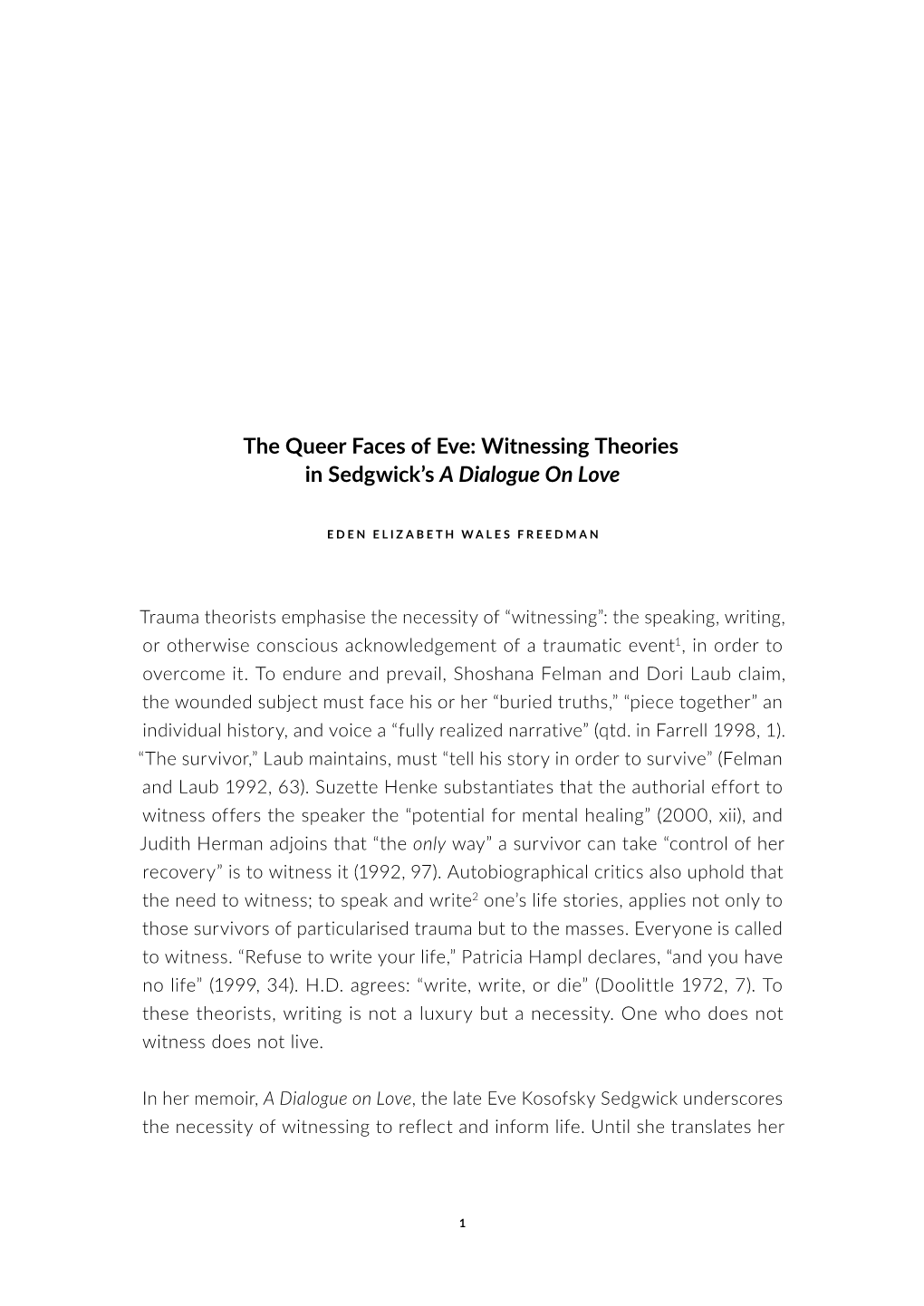 The Queer Faces of Eve: Witnessing Theories in Sedgwick's a Dialogue