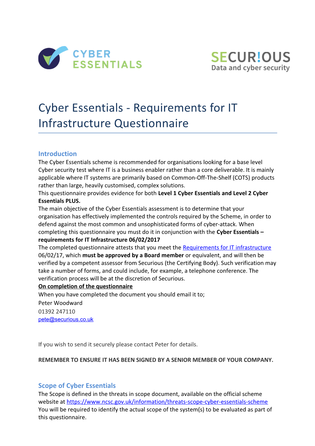 Cyber Essentials - Requirements for IT Infrastructure Questionnaire