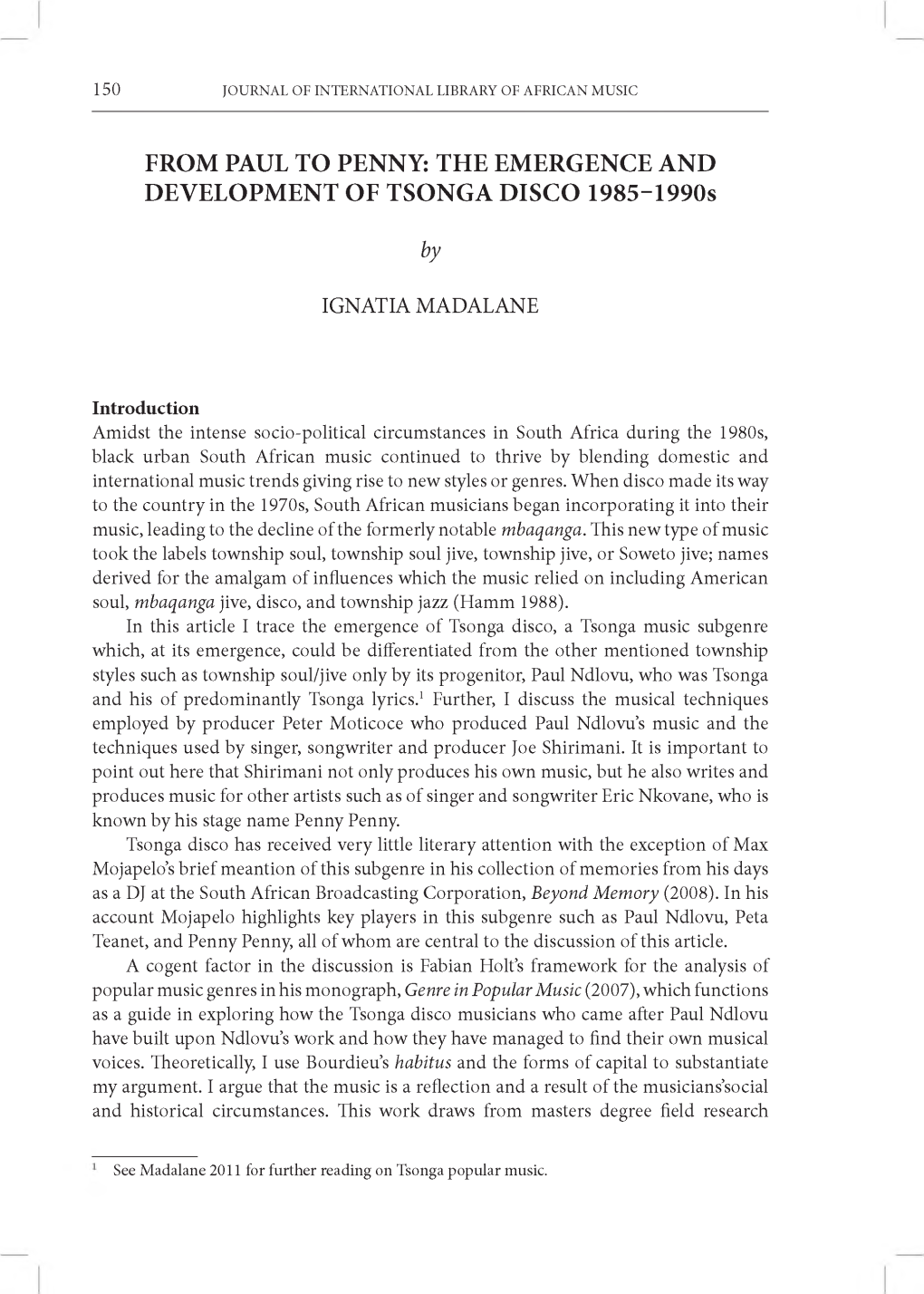 FROM PAUL to PENNY: the EMERGENCE and DEVELOPMENT of TSONGA DISCO 1985-1990S